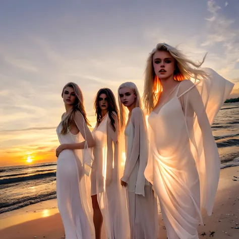 Beautiful beach at sunset、Good looks like a model、20-year-old European Caucasian beauty、Four Angels、Silver-haired beauties and blonde beauties、、Perfect slim style、Perfect good looks、Sheer sheer white clothes with a lot of exposure、Sheer White Shawl