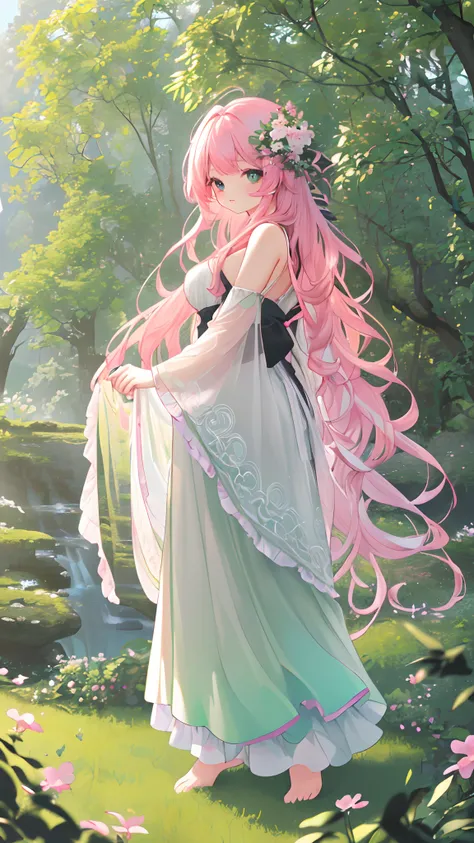 masterpiece, best quality, looking at viewer, long hair, outdoors, (wavy hair:0.7), black theme, frills, pink hair, black eyes, gradient hair, (pink, green, white and black color palette), panda bear, lush green forest, vibrant colors, soft lighting, mysti...