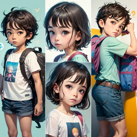 three SEPARATE images, different expressions and poses of just a six-year-old boys and girls with a magic blanket, white and blue background, childrens book illustration style, simple, colorful, short dark brown hair,, white short-sleeved shirt, jean short...