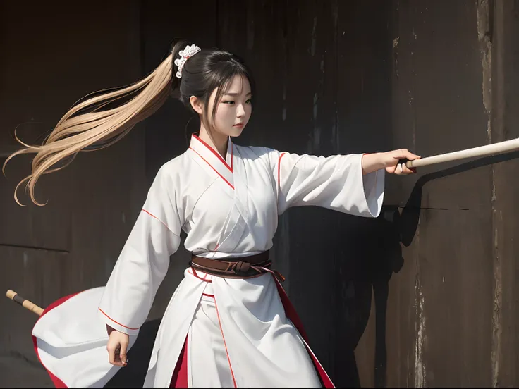 A woman who is,White Hanfu red belt,A stick，Placed diagonally on the wall,swordsmen,，(tmasterpiece，best qualtiy，Complicated details)