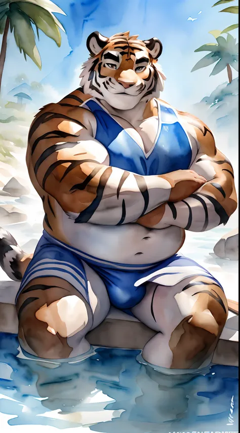 Hominidae, Pose for Camera. 4K, high resolution, Best quality, posted on e621, (Solo:1.2), Anthropomorphic tiger, male people, 20yr old, Thick eyebrows, Light blue stripes,Fat body, large pecs, ((Naked)), A white bath towel is wrapped around the body from ...