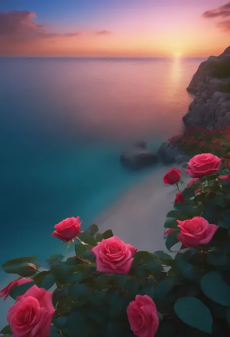 (best quality,8k,highres,masterpiece:1.2),ultra-detailed,realistic,blue ocean with a cluster of rose gardens, strong lines, vivid colors, physically-based rendering, professional,photography