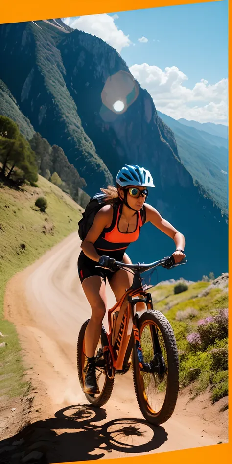 Cinnamon skin girl 24 years old body fitness riding a mountain bike riding at a good pace the mountain, textura de piel, el sudor corre por su cuerpo. gran angular, ultra detallado, octanaje renderizado,      Volumetric lighting, golden ratio, imagen en 3D...