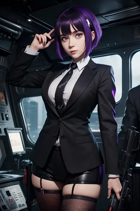 (woman in black suit and tie)Anime girl Hinata, Anthropomorphic lop-eared Dalmatian sexy woman, her big purple eye and purple short hair her hand syborg is cyberpunk takes shelter in her makeshift old ghost ship, her sniper gun and a piece of meat in hand ...