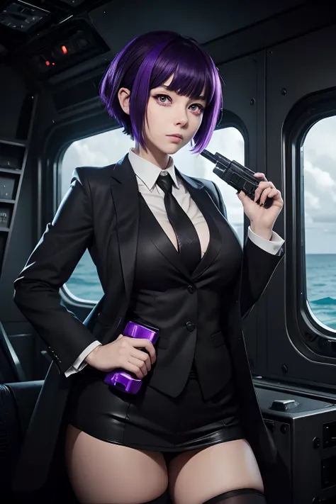 (woman in black suit and tie)Anime girl Hinata, Anthropomorphic lop-eared Dalmatian sexy woman, her big purple eye and purple short hair her hand syborg is cyberpunk takes shelter in her makeshift old ghost ship, her sniper gun and a piece of meat in hand ...