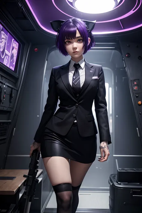 (woman in black suit and tie)Anime girl Hinata, Anthropomorphic lop-eared Dalmatian sexy woman, her big purple eye and purple short hair her hand syborg is cyberpunk takes shelter in her makeshift old ghost ship, her sniper gun and a piece of meat in hand ...