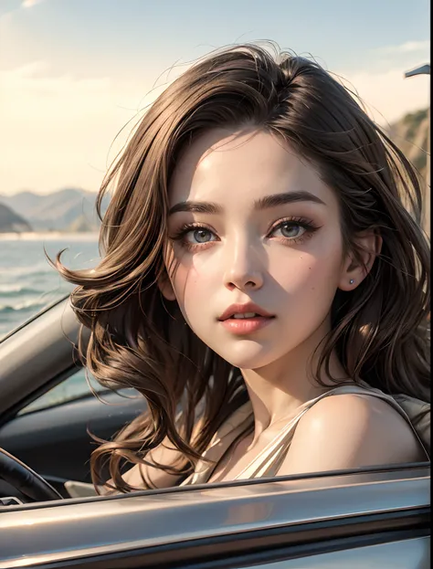 beautiful woman driving a car. Detailed facial depiction. Beautiful double eyes. Well-shaped lips. A high nose that looks a little lonely. Light brown hair. modern clothing. The car is running along the coastline. end of summer. 8K image quality. A masterp...