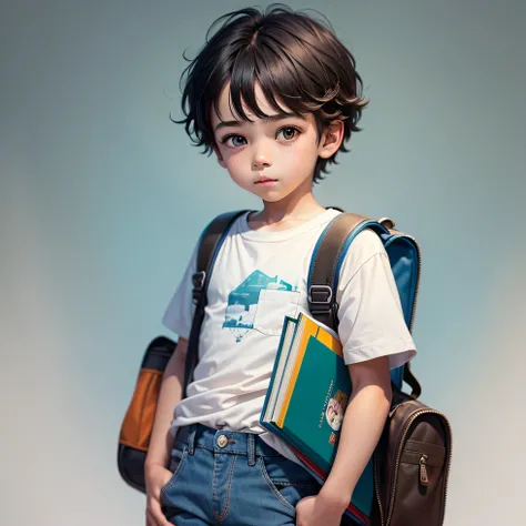 masterpiece, high quality, highly detailed, of a six-year-old boy with a magic blanket, white and blue background, childrens book illustration style, simple, colorful, short dark brown hair,, white short-sleeved shirt, jean shorts with side pocket, no cape...