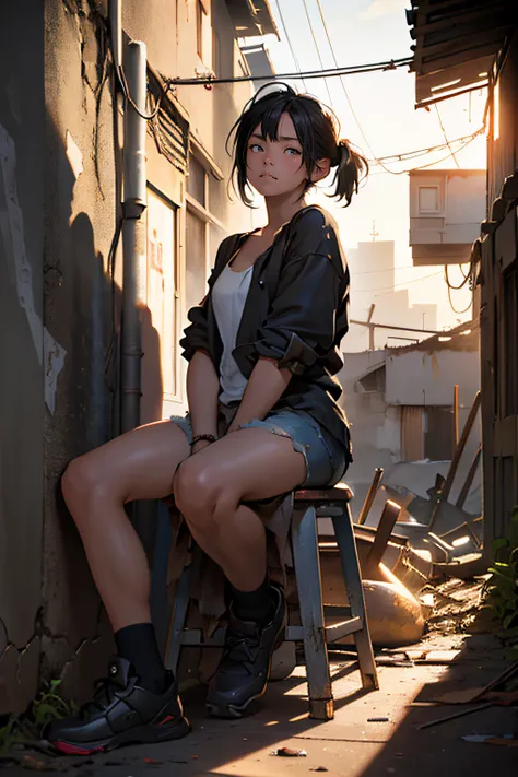 Theres a little girl in a dirty alley., View from afar, young girl (Black hair, Ten years old, tattered clothes), sad, Sit by the wall, ruined city, Destroyed buildings, high-resolution, Best Quality, cinematic lighting, realistic details, sharp focus, sof...