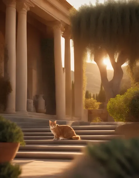 Scene opens with a picturesque ancient Roman villa, bathed in warm sunlight. We hear the distant sounds of Roman chatter and the gentle rustling of olive trees in the breeze. In the foreground, a regal cat with striking, emerald eyes lounges gracefully.