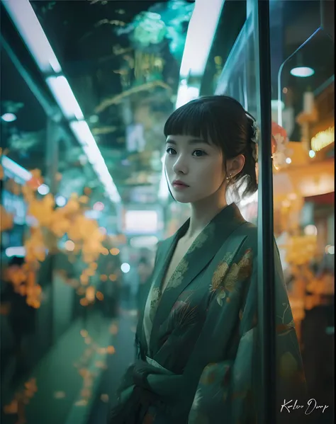 arafed image of a woman in a kimono standing in a subway, cinematic. by leng jun, anime style mixed with fujifilm, chinese girl, by Leng Mei, lofi portrait at a window, by Zhang Han, dreamy cyberpunk girl, lofi portrait, cyberpunk geisha, by Fei Danxu, art...