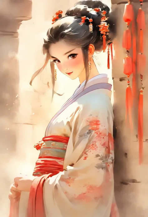 China-style，ink wash style，Pale，aquarelle，Hanfu，Lamei，Ancient walls，Beautiful Chinese girl in hanfu