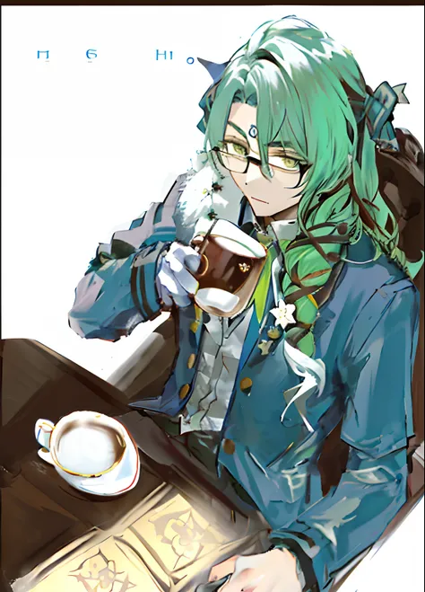 There is a painting，The painting depicts a long-haired man with glasses drinking a cup of coffee, Is ((drink a tea)), Drinking tea, mr robert is drinking fresh tea, loputyn and matcha, sitting in a café, Drinking coffee, colored sketch, Cheshire cat drinki...