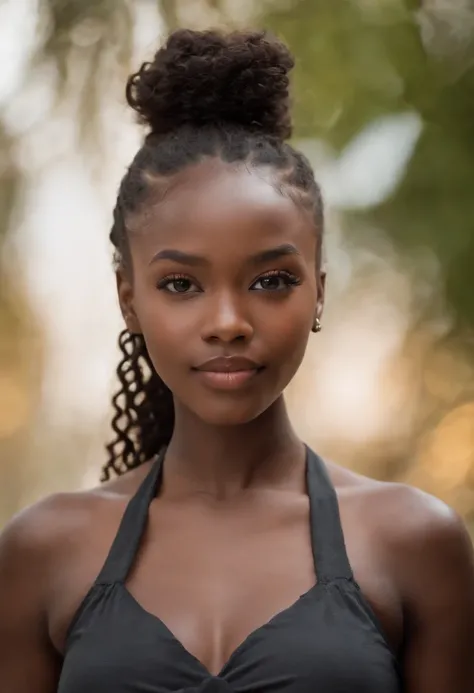 Dark African skin, Very deep ebony skin, Excited cute face, corps entier, Seductive, Female, African long curly African ponytail, photoreallistic, High detail, Hdr, 4K, Dazzling lights