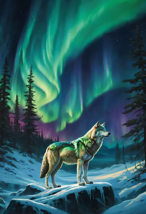 (bathed in frigid northern lights,a tranquil night,in the depths of the coldest lands),(mesmerizing aurora borealis illuminating...