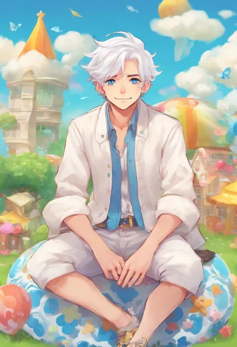 man, white hair, blue eyes, , sitting on a cloud, 8k