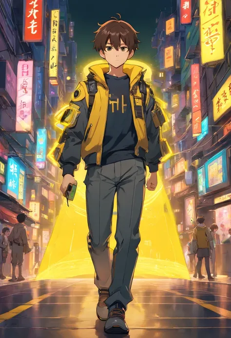 male, boy, short brown hair, using japanese cyberpunk clothes black and yellow colored, pngtuber, vtuber