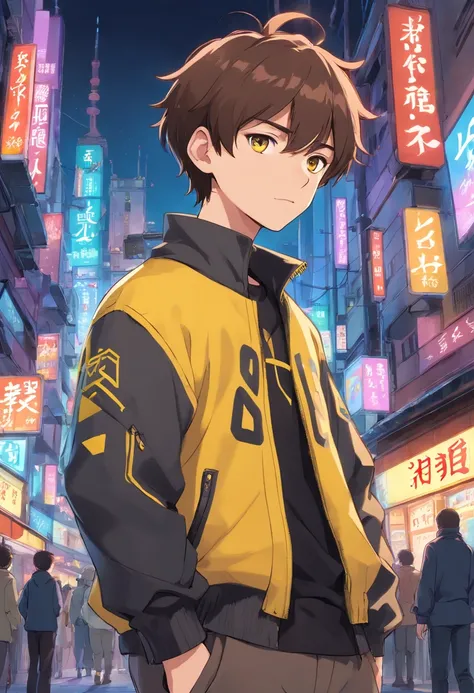 male, boy, short brown hair, using japanese cyberpunk clothes black and yellow colored, pngtuber, vtuber