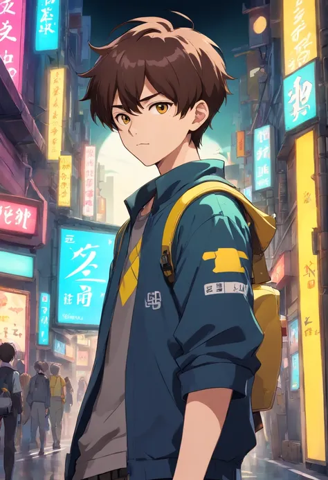 male, boy, short brown hair, using japanese cyberpunk clothes black and yellow colored, pngtuber, vtuber