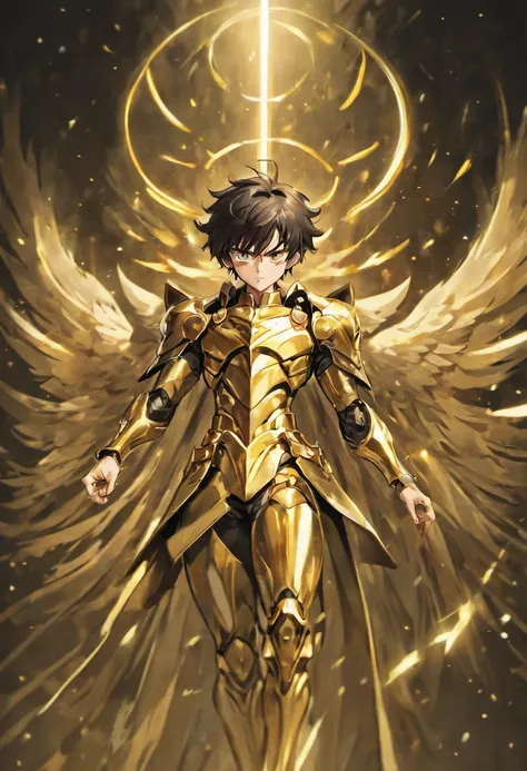 Full body Male with delicate facial features, short black hair, golden eyes, wearing metallic gold shining luxury armor and holy clothes covering the whole body                         
Saint Seiya style anime hd high resolution extremely high resolution，A...