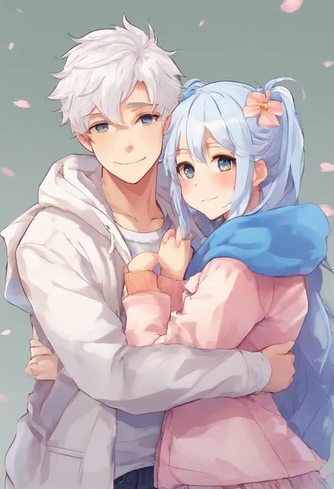 adult man, white hair, blue eyes, hugging short girlfriend, 8k