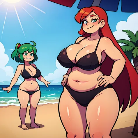 Two very large women, very overweight, standing on the beach, enormous bellies, looking at me, tan, red hair, green hair, both smirking,