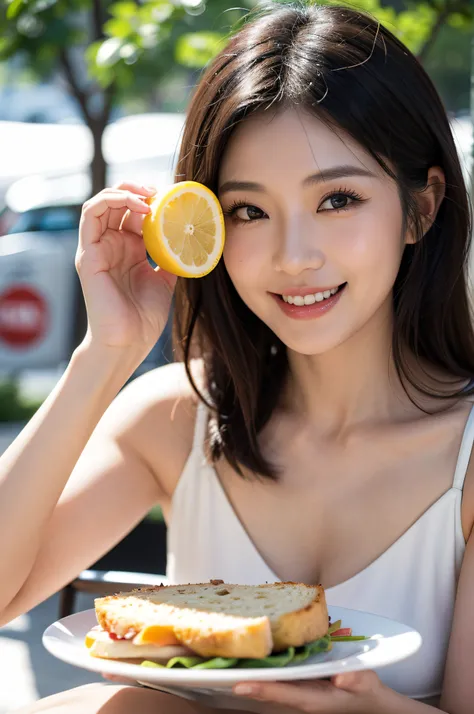 A Japanese milf, one shot, 30s woman, Slender figure, Realistic teeth, double eyelids, full-length, smile, eating lunch