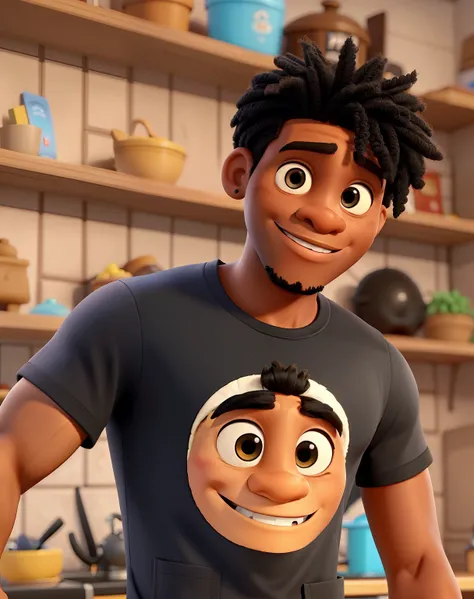 Um homem negro, africano, estilo disney pixar, alta qualidade, melhor qualidade. cabelo crespo curto. cabelo raspado nas laterais. camisa branca