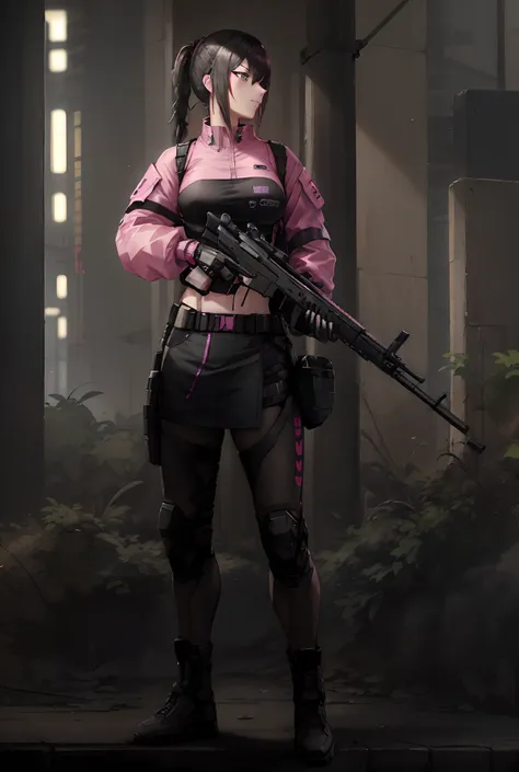 a woman in a pink shirt and black skirt holding a rifle, mechanic punk outfit, cyberpunk outfit, diesel punk female, cyberpunk s...