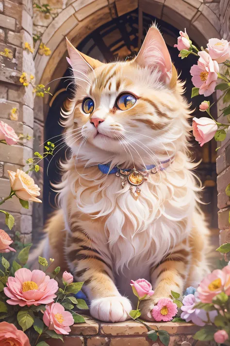 Cute cat with round eyes, In a beautiful castle, heaven, floral