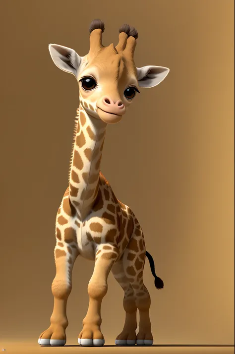 happy, furry, cute baby giraffe with big eyes looking straight at you Real 3D rendering, Pixar style, 32k, full body photo, light brown background --auto --s2