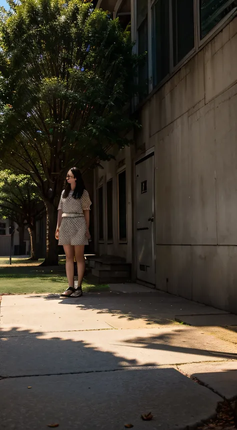 an female standing under the shadow of a tree or a building that casts a long shadow on the ground