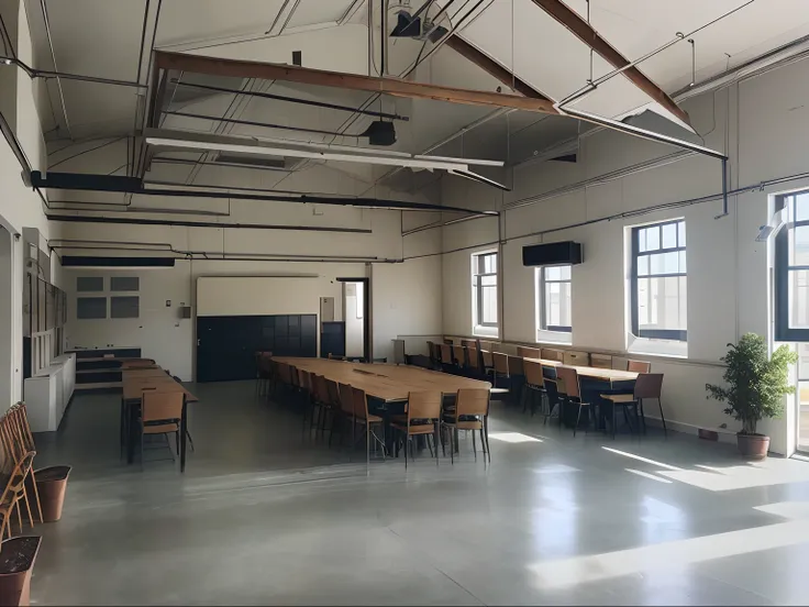 there is a room with a lot of chairs and tables in it, interior view, show room scene, inside view, interior, indoor setting, inside building, inside the building, meat factory, gallery, version 3, large open room, dark show room, centre image, ground-leve...