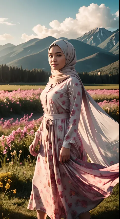 Photo of a young bookish Malay woman wearing a hijab , big breast, dynamic angle, cloud and mountain, (flower field:1.4) in the foreground, hightquality、​masterpiece、ultra res、wearing baju kurung sundress、full bodyesbian, light tracing, (floating colorful ...