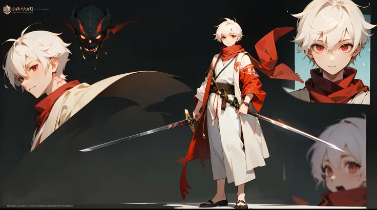 (absurdres, highres, ultra detailed), masterpiece, best quality, solo, a boy with white short hair, red and white robe, handsome, finely eye, detailed eye, vibrant red eyes, detailed face, black scarf, bare chest, carry two swords, dual-swords, tattoo, fro...