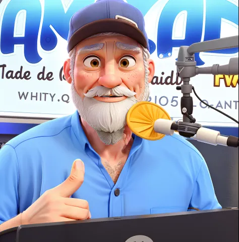 create a man in the Disney Pixar style, 60 years old with white hair, with a cap on his head, a clean beard at the tip of his chin, a mustache with white hair and brown eyes, in a radio studio speaking into a microphone, high quality, best quality