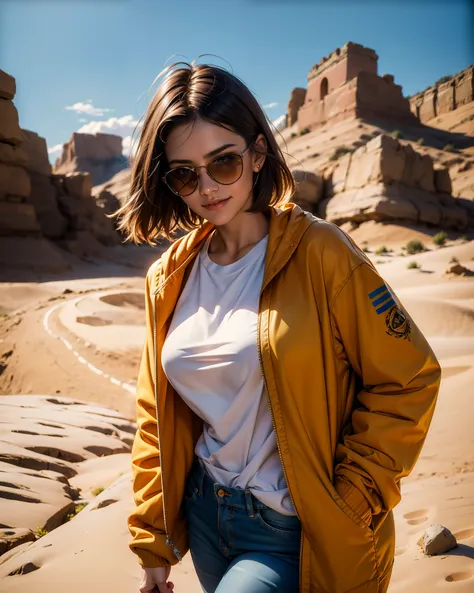 ((Best quality)), ((masterpiece)), ((realistic)), ((Best quality)), ((masterpiece)), ((realistic)), Girl walking in desert, looking tired, wearing Loose-fitting clothing Long-sleeved shirts and pants, Headgear, Sunglasses, very beautiful, in a natural and ...