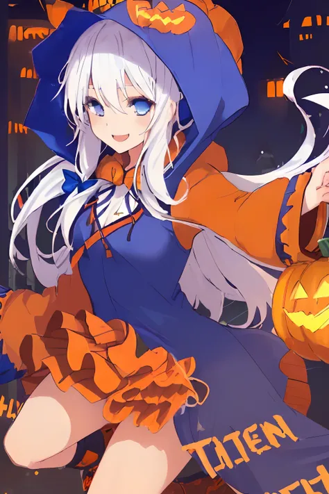 ((((1 girl)))), ((((solo)))), fullbody, ((((white hair)))), long hair, ((((blue hairribbon)))), ((((blue eyes)))), happy, smile, 18 year old, dynamic angle,  (((wearing a pumpkin halloween costume))), loose parka, ((((hood up)))),  standing in Halloween co...