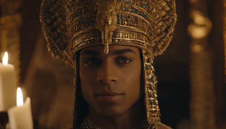 Photorealistic depiction of a 15-year-old Egyptian prince, resembling an actual person, dressed in the iconic attire of Pharaoh Tutankhamun. He sits with regal posture, and the environment around him reflects the opulence of an ancient Egyptian royal chamb...