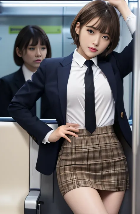 Womens Business Suit、lightly dressed、Brown hair、Shorthair、kawaii faces、On the train、Tight skirt、Spread your legs apart、sexy underwear、Spread your legs boldly、Tight suit、Mature look、plaid skirts、white  shirt、neck tie、The shape of the pubic area is clearly v...