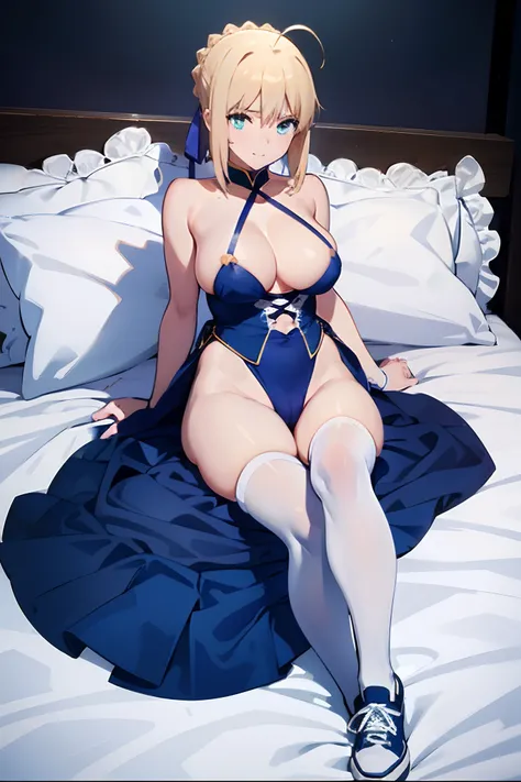 Best Quality, High resolution, distinct image, 8K,masuter piece、artoria、Beautiful and big breasts、Brightly colored micro bikini、overknee socks、sneakers、NSFW,ssmile、Cam Drink、Lie on your back、sexy  pose