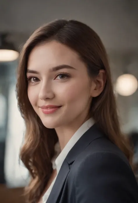 Cinematic portrait, Upper body, Smiling, Facing the audience, (reality :1.3), A woman looks at the camera, Put on an office career suit, Detailed beautiful face, Action shooting, office backdrop, The character is centered，Realistic photos, Art Station