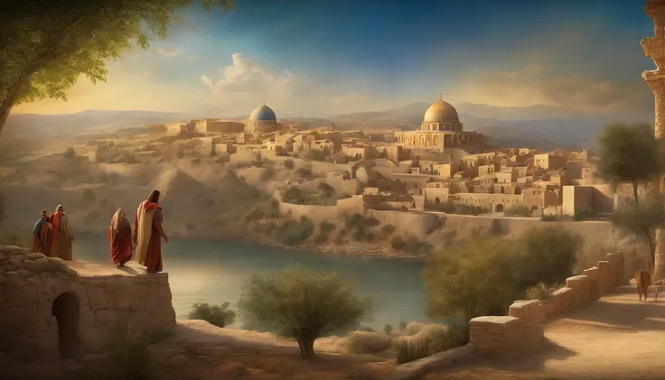 Jesus turned his back to the Israelite city-states in the style of an ancient painting