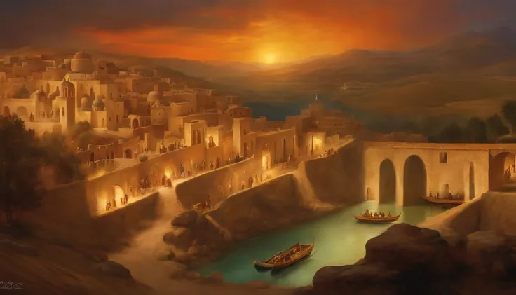 Jesus turned his back to the Israelite city-states in the style of an ancient painting