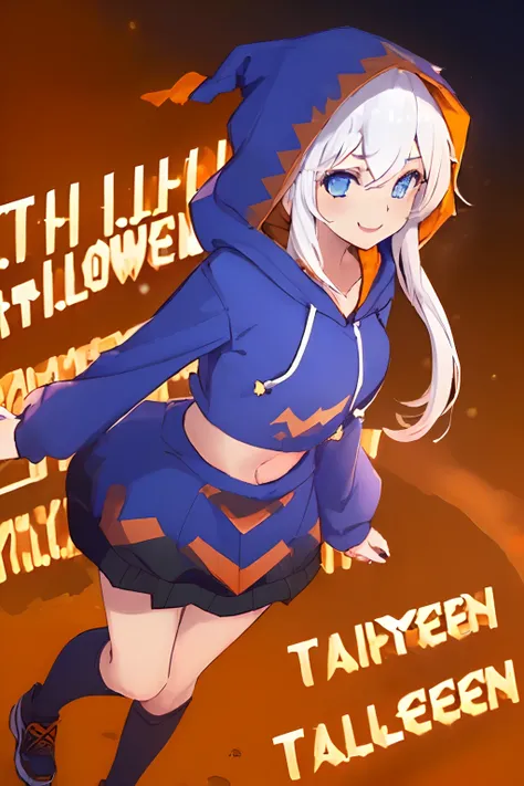 ((((1 girl)))), ((((solo)))), fullbody, ((((white hair)))), long hair, ((((blue eyes)))), happy, smile, 18 year old, dynamic angle,  (((wearing a pumpkin halloween costume))), loose parka, ((((hood up)))), midriff peek,  standing in Halloween cosplay parad...