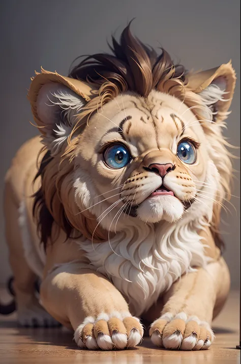 happy, furry, cute baby lion with big eyes looking straight at you Real 3D rendering, Pixar style, 32k, full body photo, light brown background --auto --s2