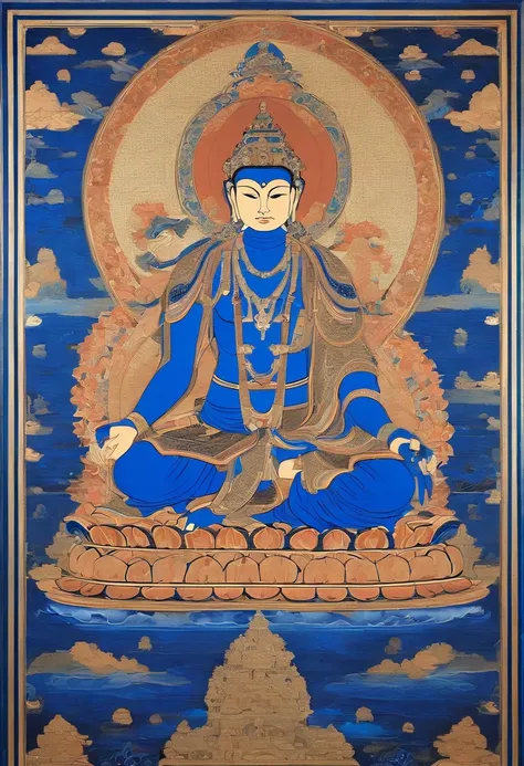 A painting of a man in blue sitting on a misty ground, an ultrafine detailed painting by Kanō Tanyū, Flickr, cloisonne, tibetanthangkas, Thangka, tibetan painting, narasimha, puṣkaracūḍa, asura from chinese myth