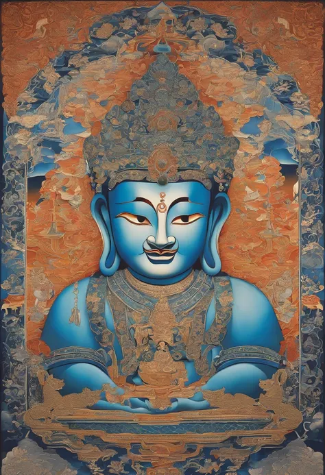 A painting of a man in blue sitting on a misty ground, an ultrafine detailed painting by Kanō Tanyū, Flickr, cloisonne, tibetanthangkas, Thangka, tibetan painting, narasimha, puṣkaracūḍa, asura from chinese myth