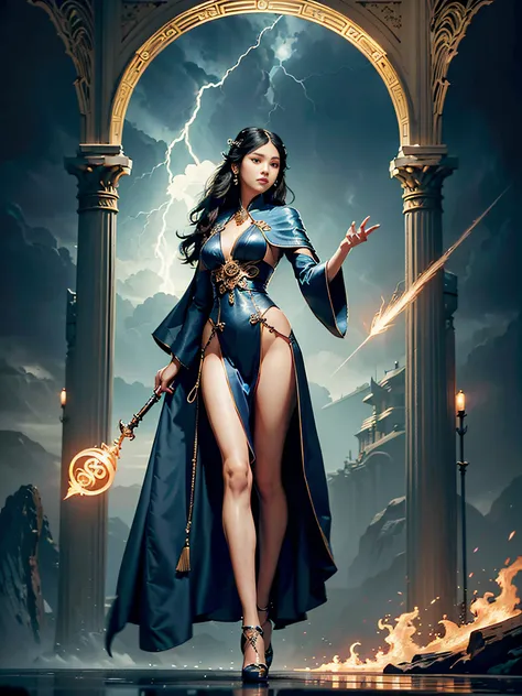 (Style of Art Deco), (precision crafted CG architecture wallpaper), extremely beautiful young lady, asian, perfect body, tall, (archmage), (casting spell), (conjuring thunderstorm), elaborate ornate wizard robe, (8k quality), (peak standard), (artistic bri...