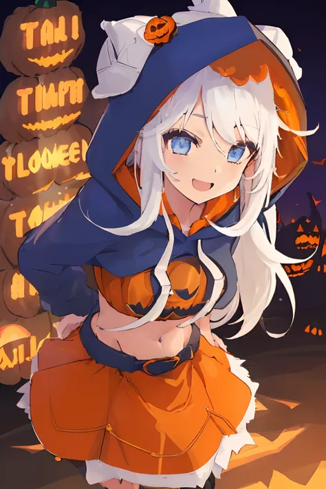 ((((1 girl)))), ((((solo)))), fullbody, ((((white hair)))), long hair, ((((blue eyes)))), happy, smile, 18 year old, dynamic angle,  (((wearing a pumpkin halloween costume))), loose parka, ((((hood up)))), (((midriff peek))),  mini skirt, standing in Hallo...